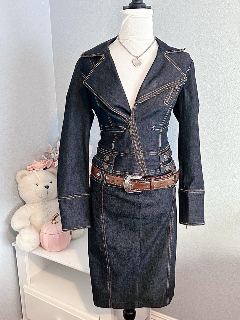 Bisou Bisou Denim Jean Jacket Blazer & Pencil Skirt Suit Set